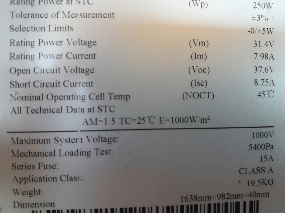 Panou fotovoltaic 250 W 24 volti eticheta cu performante.jpg